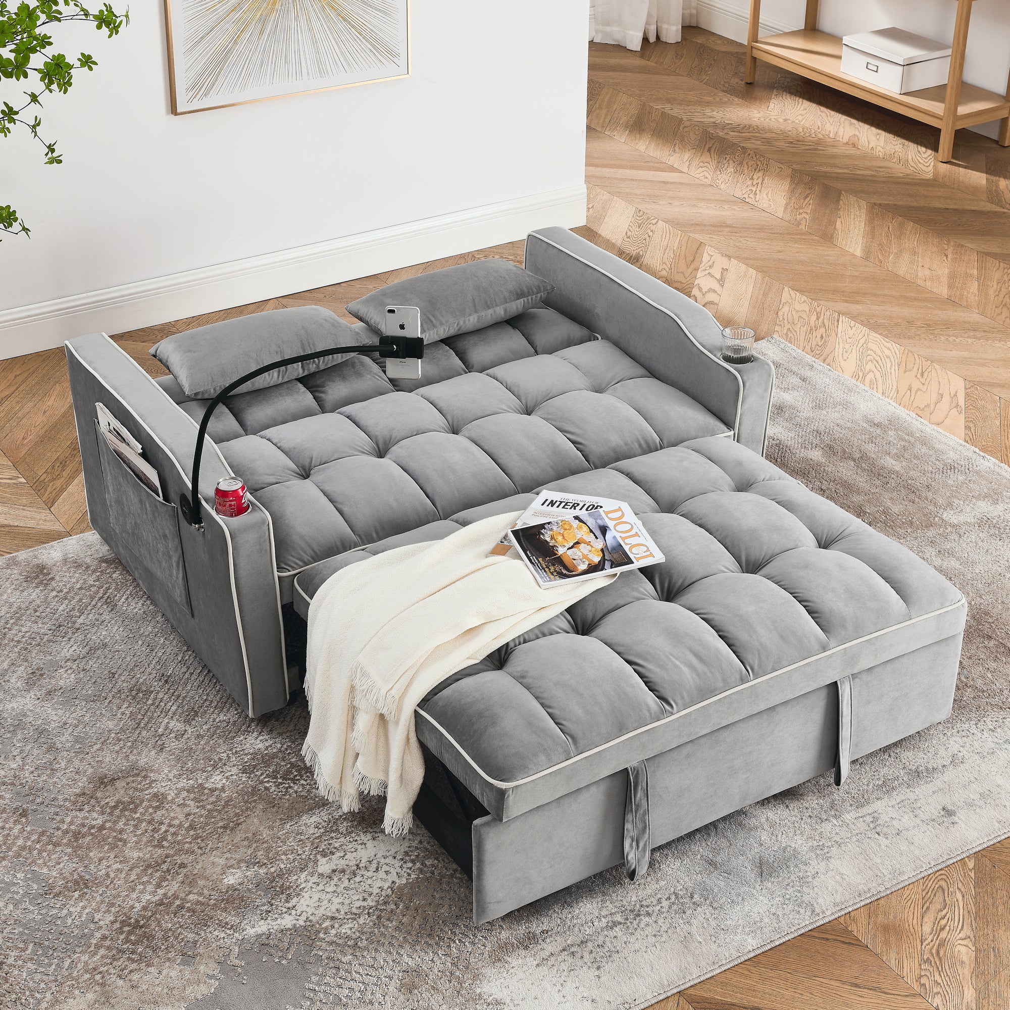 55.51" Foldable Velvet Sofa Bed with Adjustable Back, Pull-Out Design with USB Port, Ashtray, and Swivel Phone Stand, Gray