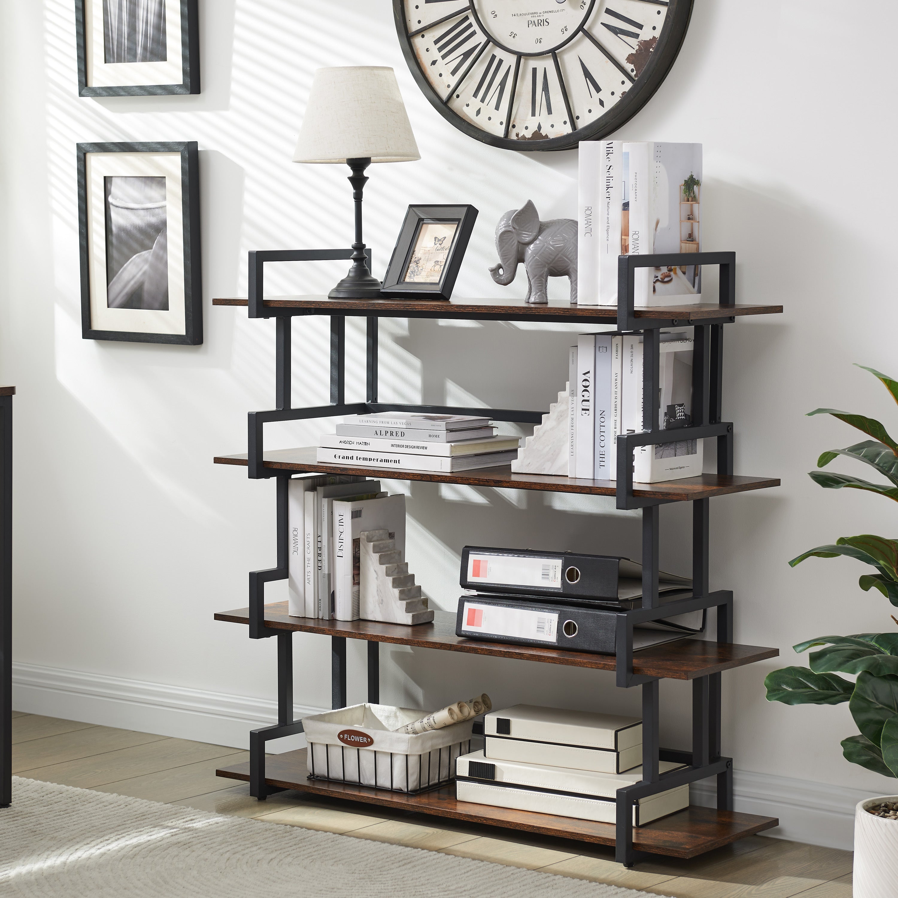 4-Tier Rustic Wood & Metal Bookshelf, Industrial Style
