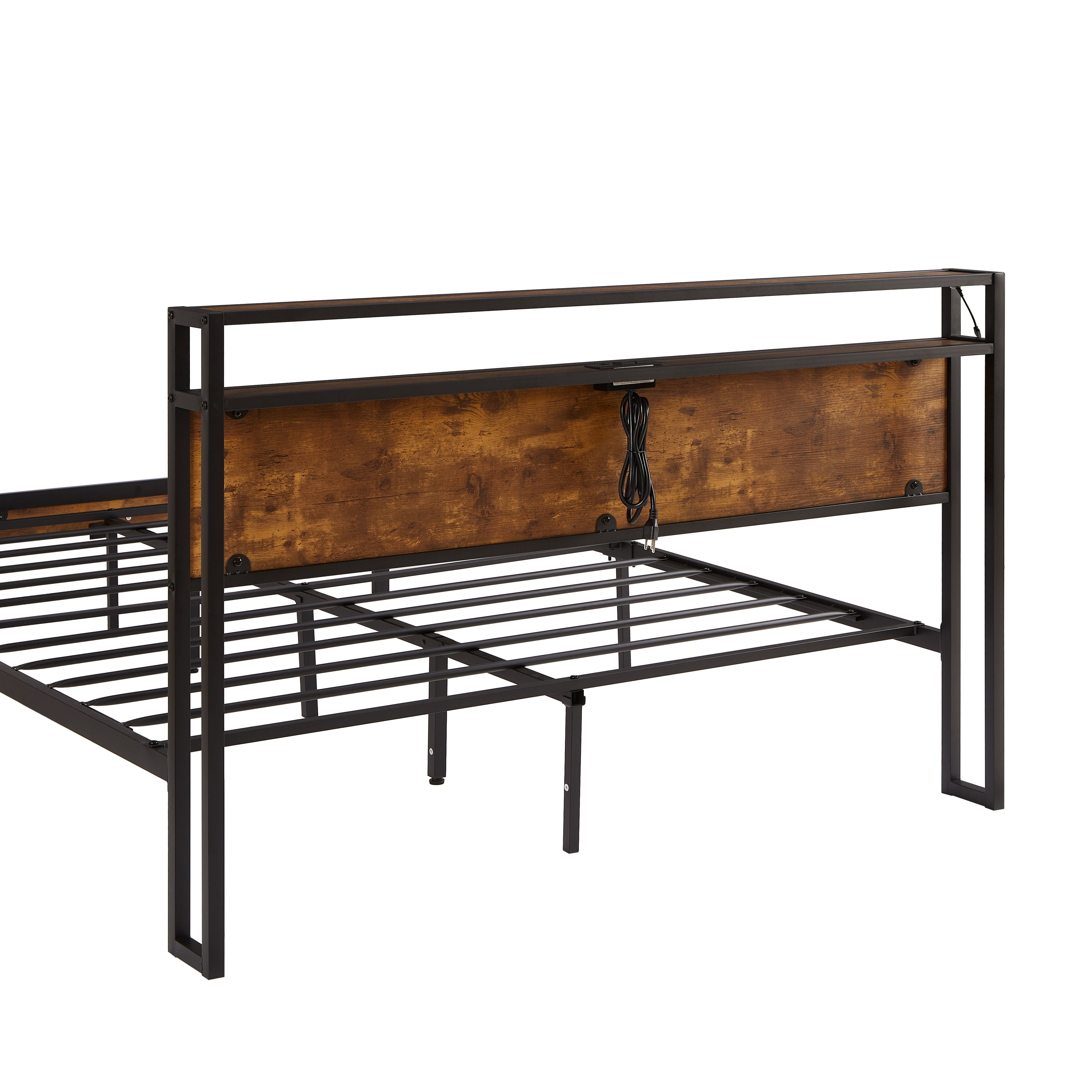 Queen Size Metal Platform Bed Frame with Wooden Headboard and Footboard with USB,Charging Station,2 Drawers,LED Lights, No Box Spring Needed, Easy Assemble