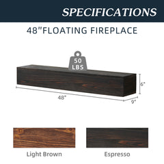 48" Rustic Wood Floating Fireplace Mantel Shelf – Wall-Mounted