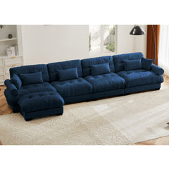 L-Shaped Convertible 4-Seater Cloud Sofa, Modern Velvet with Pillows and Bolstered Armrests, Blue