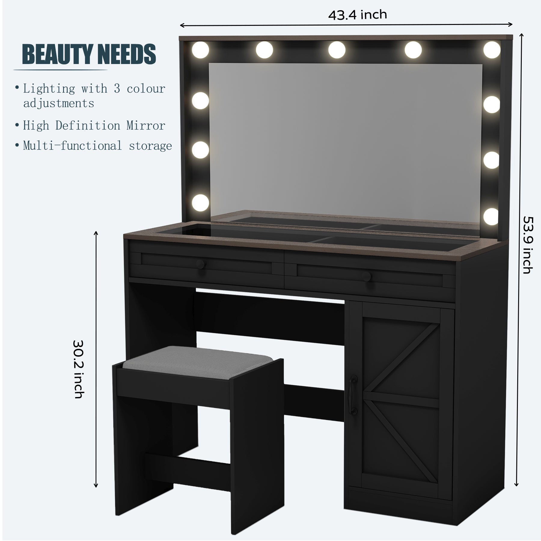 43.4"Makeup Vanity Table, Makeup Table with Large Mirror and 11 LED Light , Brightness Adjustable, Dressing Table Desk with 3 Drawers, Vanity Desk for Women(Black with Stool)