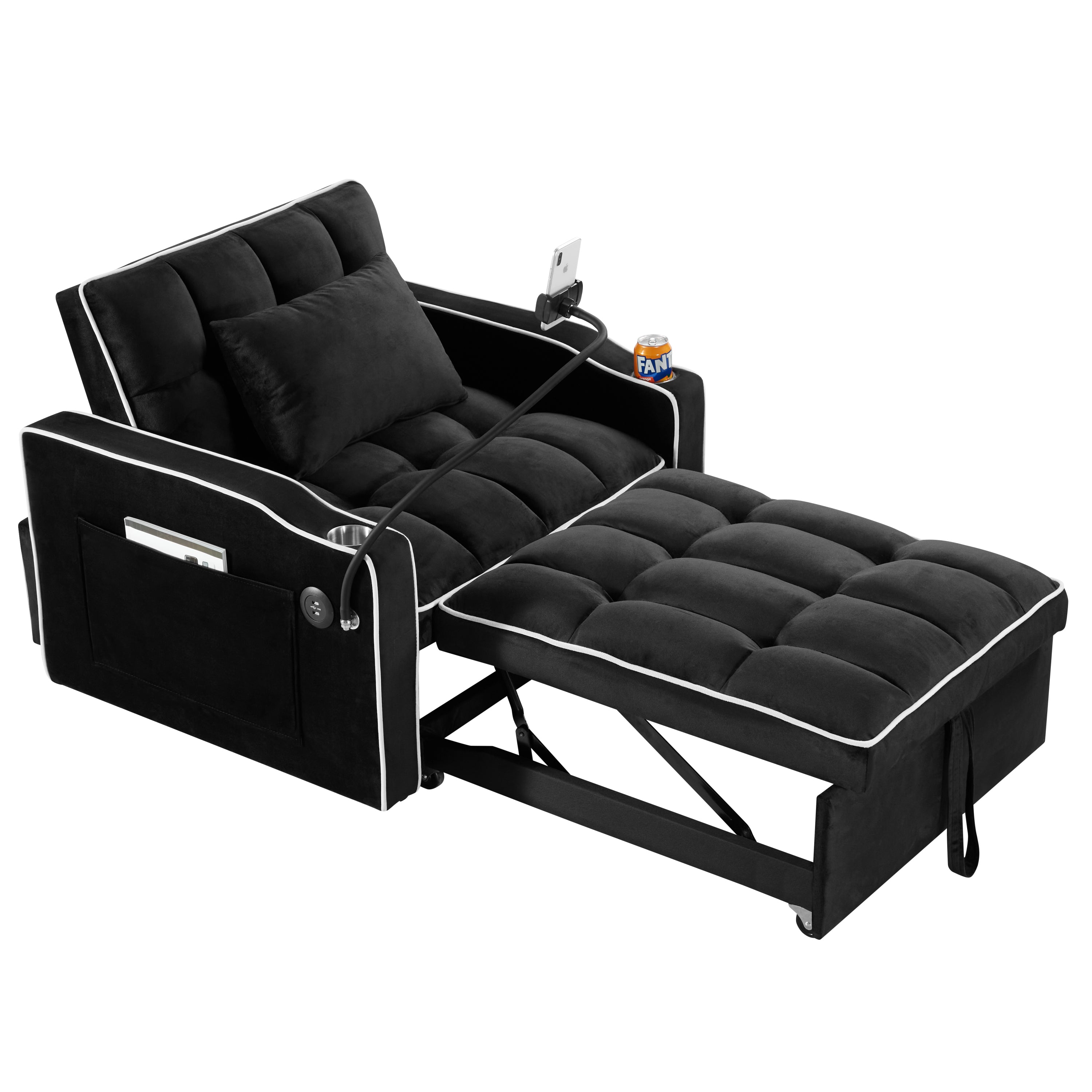 Convertible Chair Sofa Bed, Adjustable Pull-Out Design with Multi-Pockets for Living Room and Small Spaces, Black