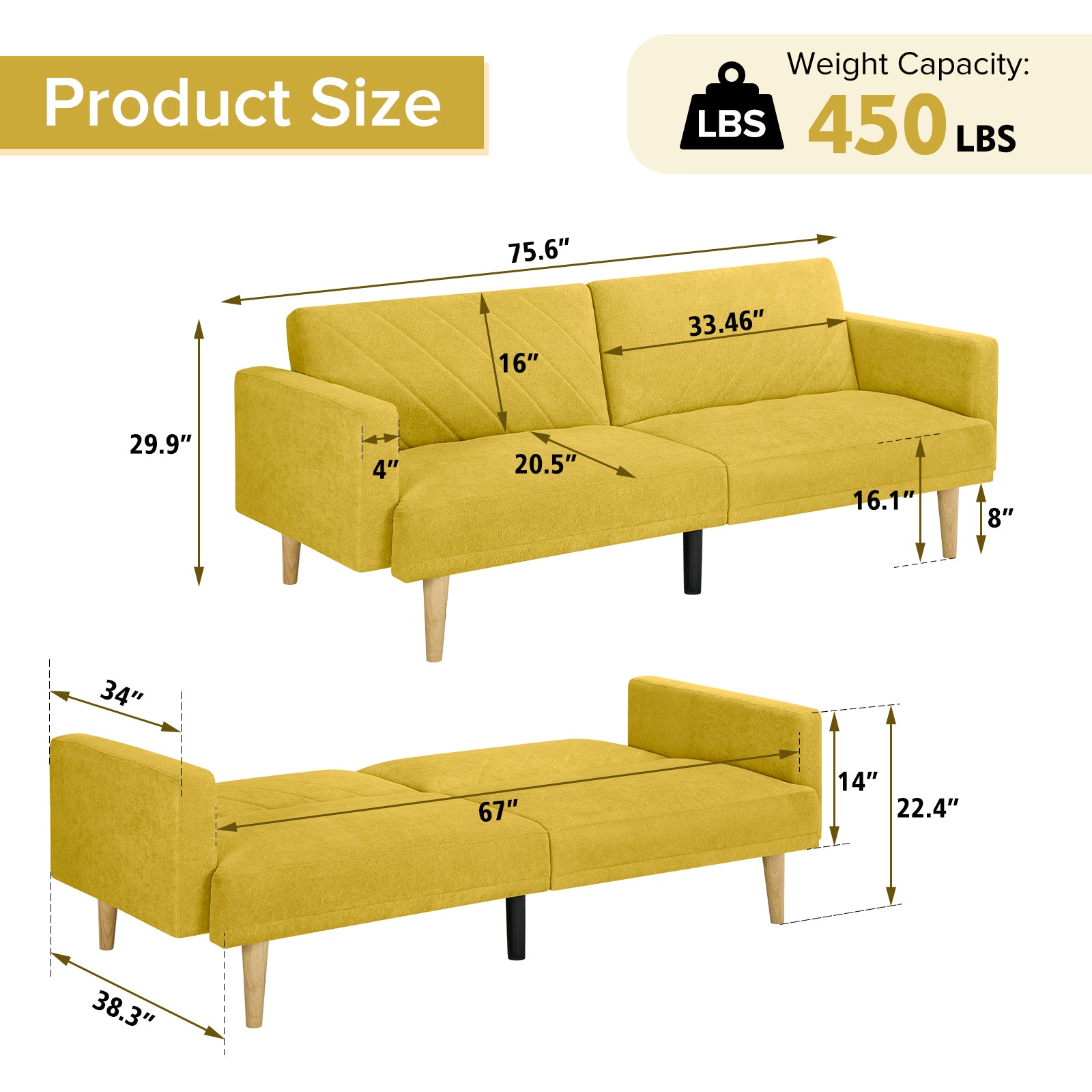Convertible Futon Sofa Bed with Wood Legs, Yellow Fabric