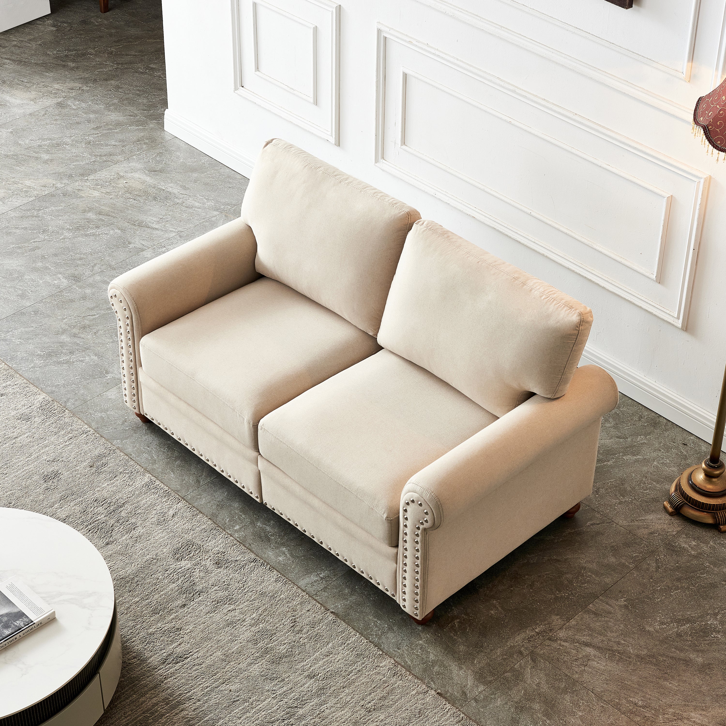 Linen Fabric Upholstery with Storage Loveseat (Beige)