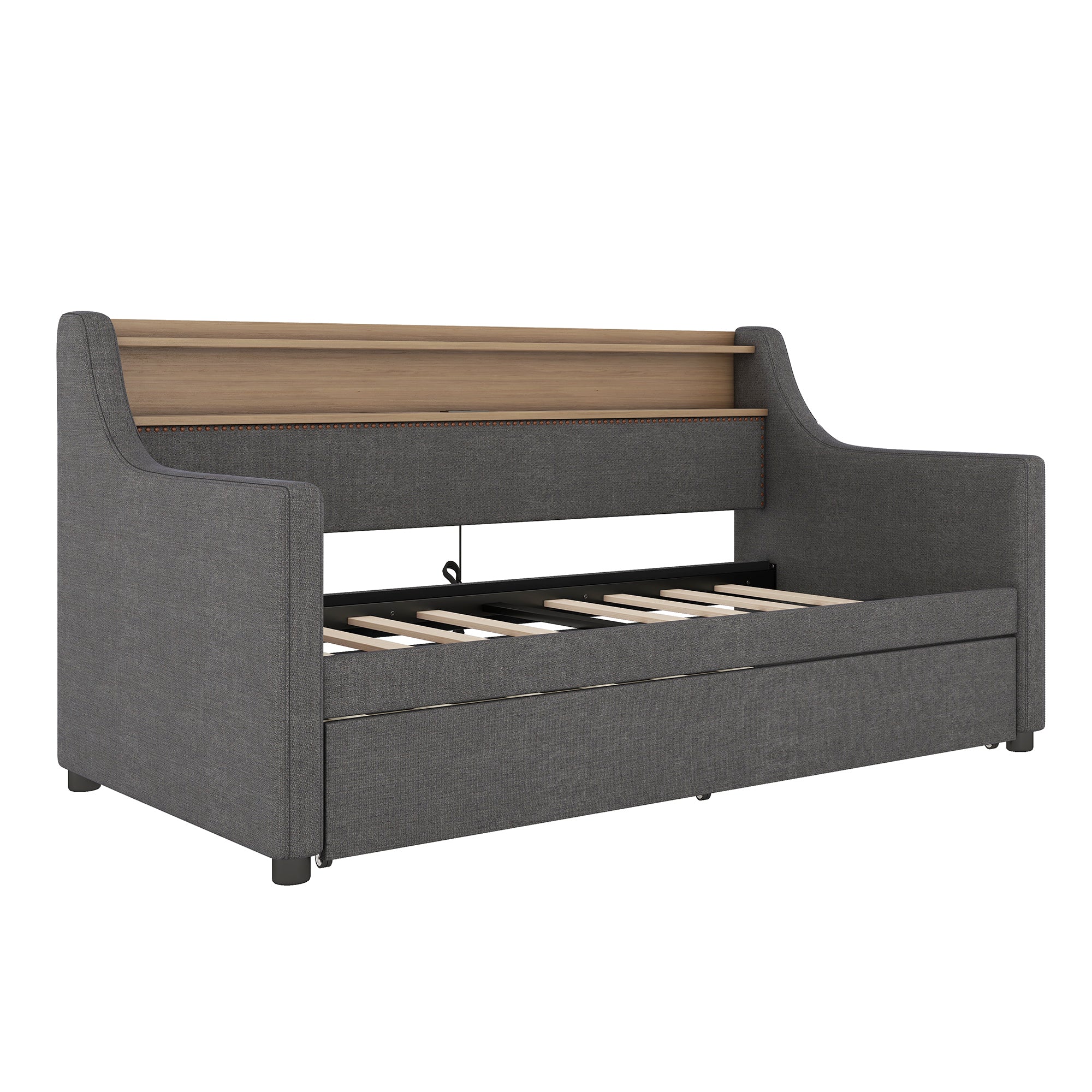 Twin Size Daybed with Trundle Bed, Upholstered Sofa Bed with Charging Station and LED Lights, Gray