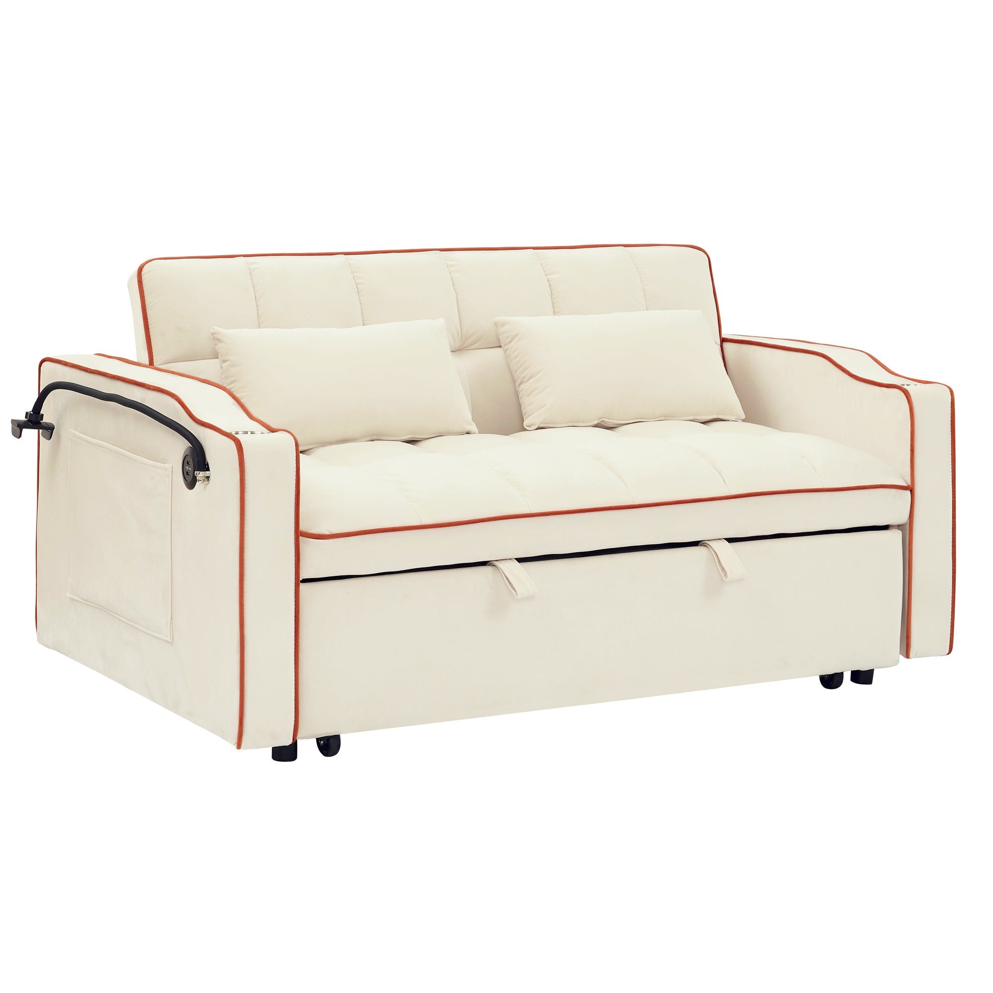 55.51" Foldable Velvet Sofa Bed with Adjustable Back, Pull-Out Design with USB Port, Ashtray, and Swivel Phone Stand, Beige