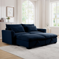 Corduroy Two-Seater Sofa with 2 Storage Footrest, 2 Seater Sectional  deep seat sofa,Comfy Couches for Living Room ,Bule Sofa