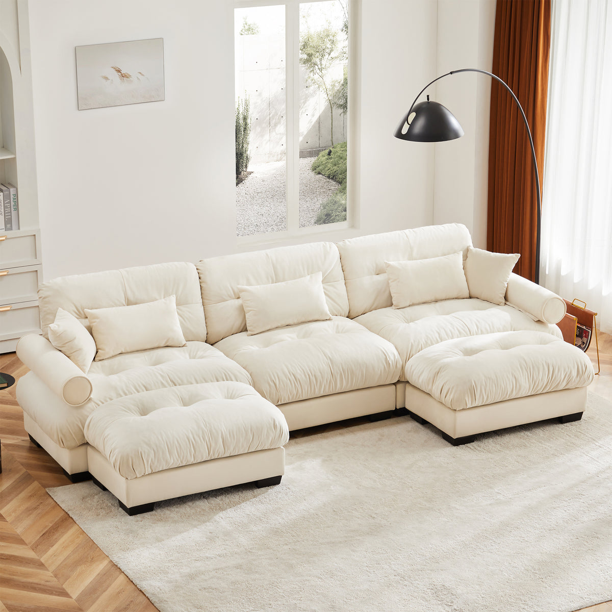 U-Shaped Modular Sectional Sofa with Movable Ottomans, Modern 3-Seater Corner Couch with Pillows and Bolstered Armrests, Cream