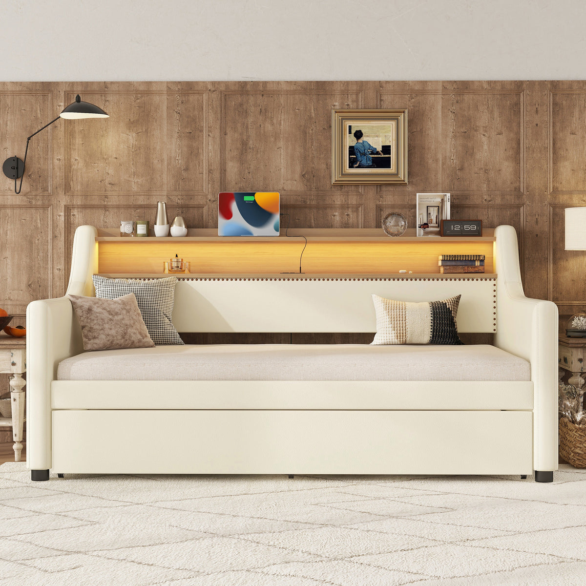 Twin Size Daybed with Trundle, Upholstered Sofa Bed with Charging Station and LED Lights, White