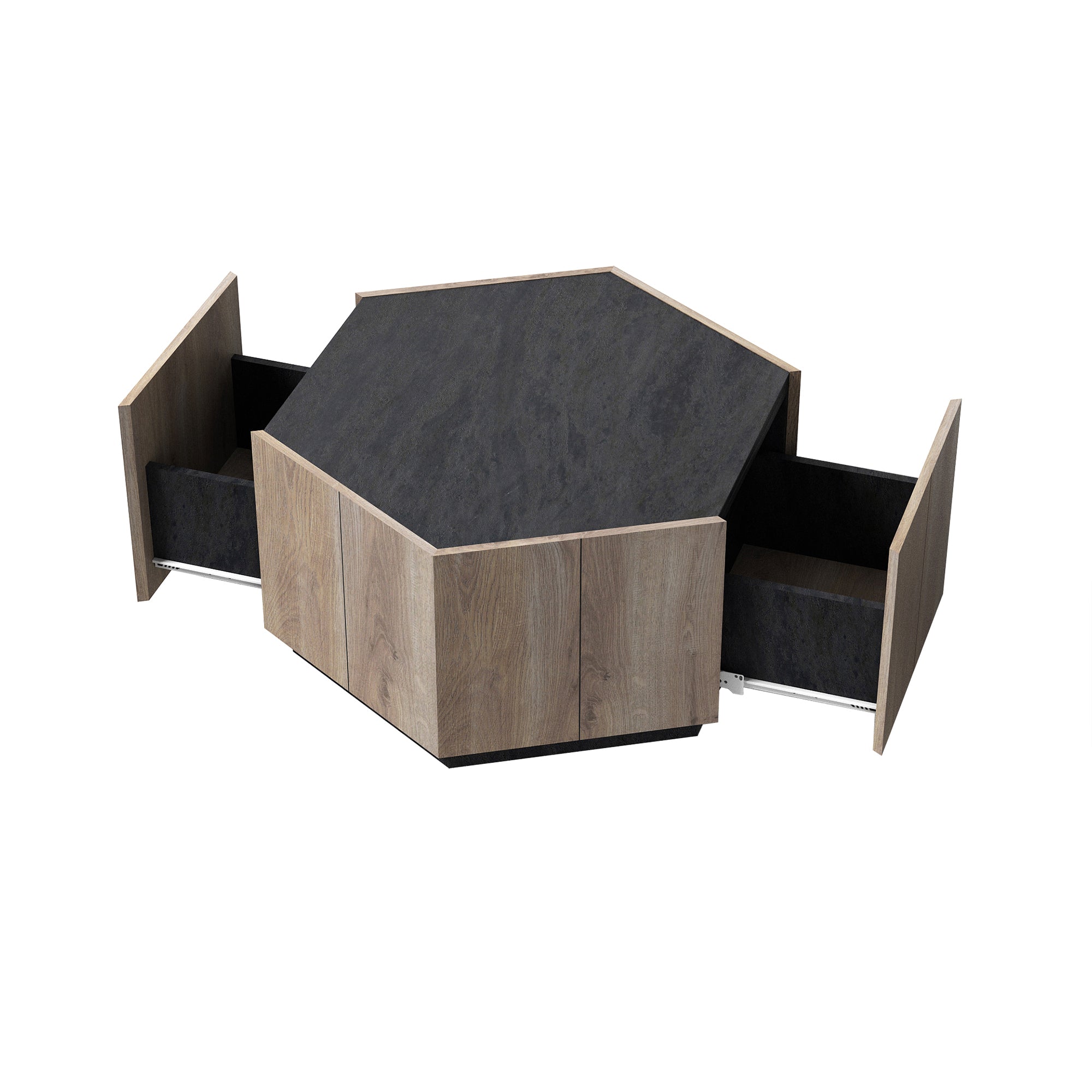 Hexagonal Rural Style Garden Retro Living Room Coffee Table with 2 drawers, Textured Black + Warm Oak