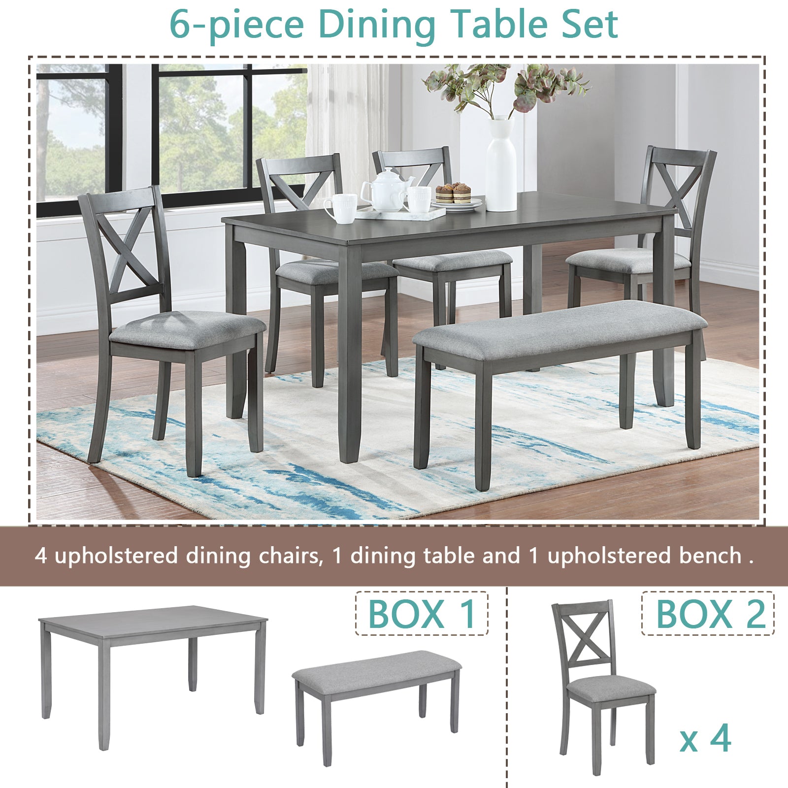 6 Piece Kitchen Dining Set, Rectangular Wooden Dining Table with 4 Upholstered Chairs and a Bench, Dining Table Set for 6 People, Living Room, Home Bar and Kitchen, Gray