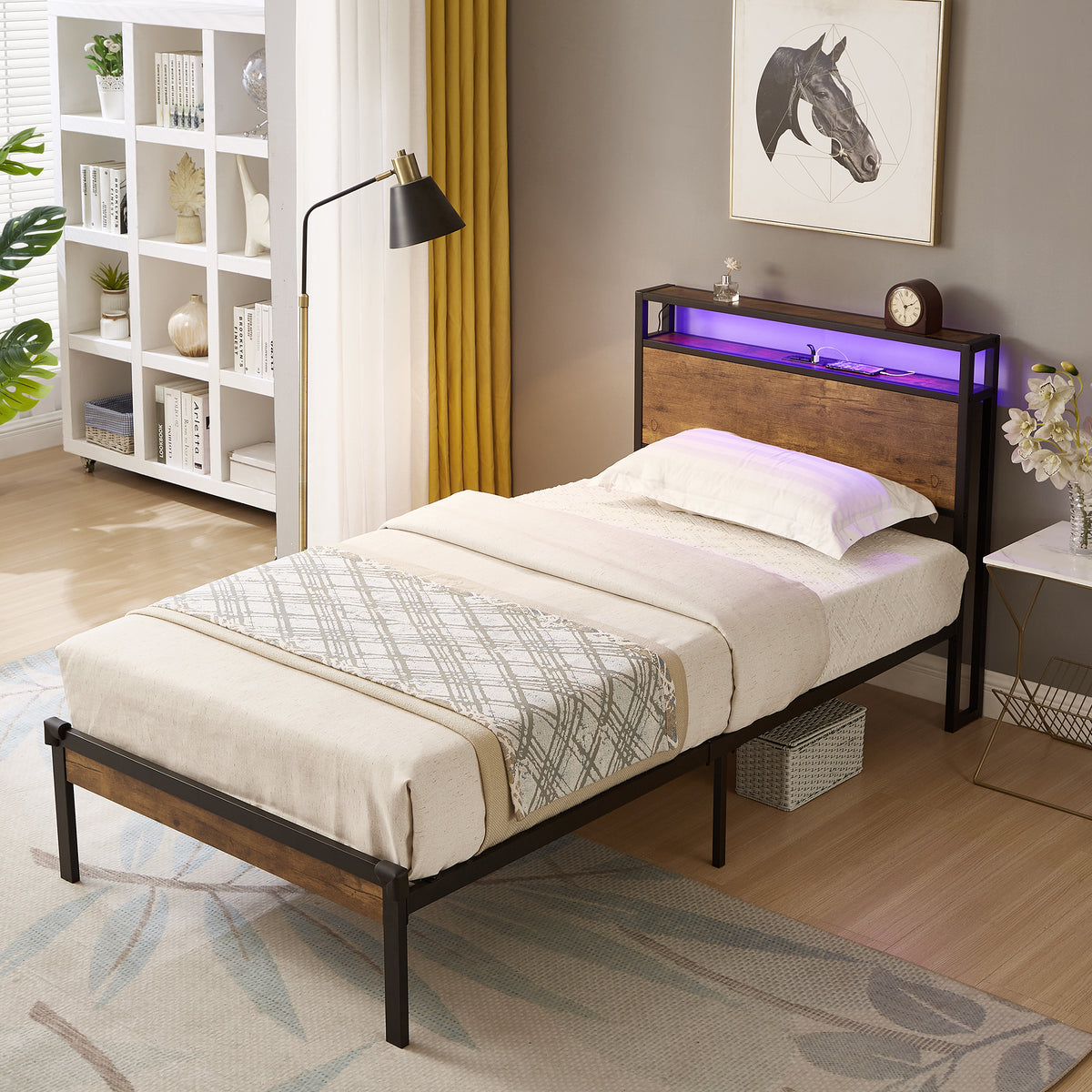 Twin Size Metal Platform Bed Frame with Wooden Headboard and Footboard with USB LINER, LED Lights ,No Box Spring Needed, Large Under Bed Storage, Easy Assemble