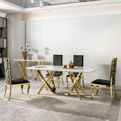 Marble Pattern Dining Table, Gold Base, Set of 6