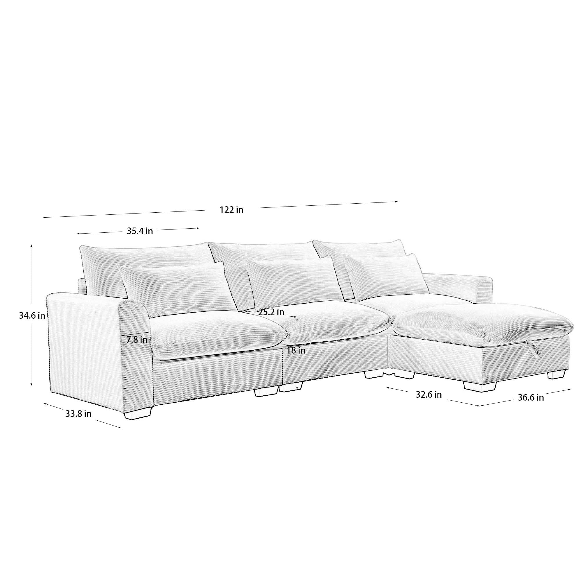 Corduroy Sectional Sofa,  L Shaped Couch with Storage Footstool and 3 Pillow, Sectional Couch for Living Room Apartment, Bule