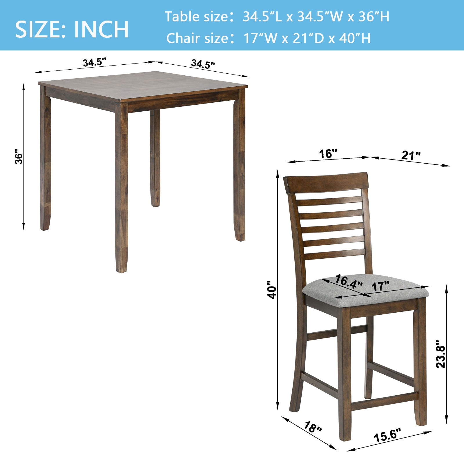 5 Piece Dining Table Set, Wooden Dining Square Table Set for 4, Counter Height Kitchen Table Set with Square Table and 4 Upholstered Chairs for Small Space, Walnut