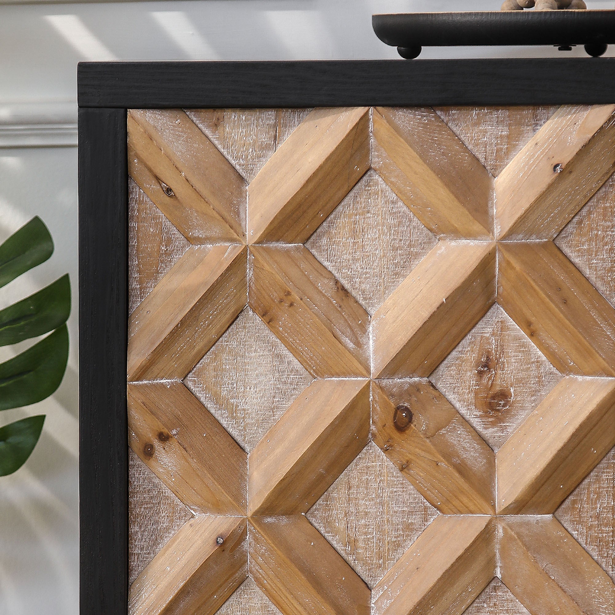 Rustic 4-Door Wood Cabinet with Geometric Pattern – Modern Storage Solution for Any Space