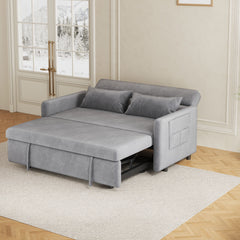 Modern 54" Gray Pull-Out Sofa With Two Pillows Velvet Loveseat For Small Living Room