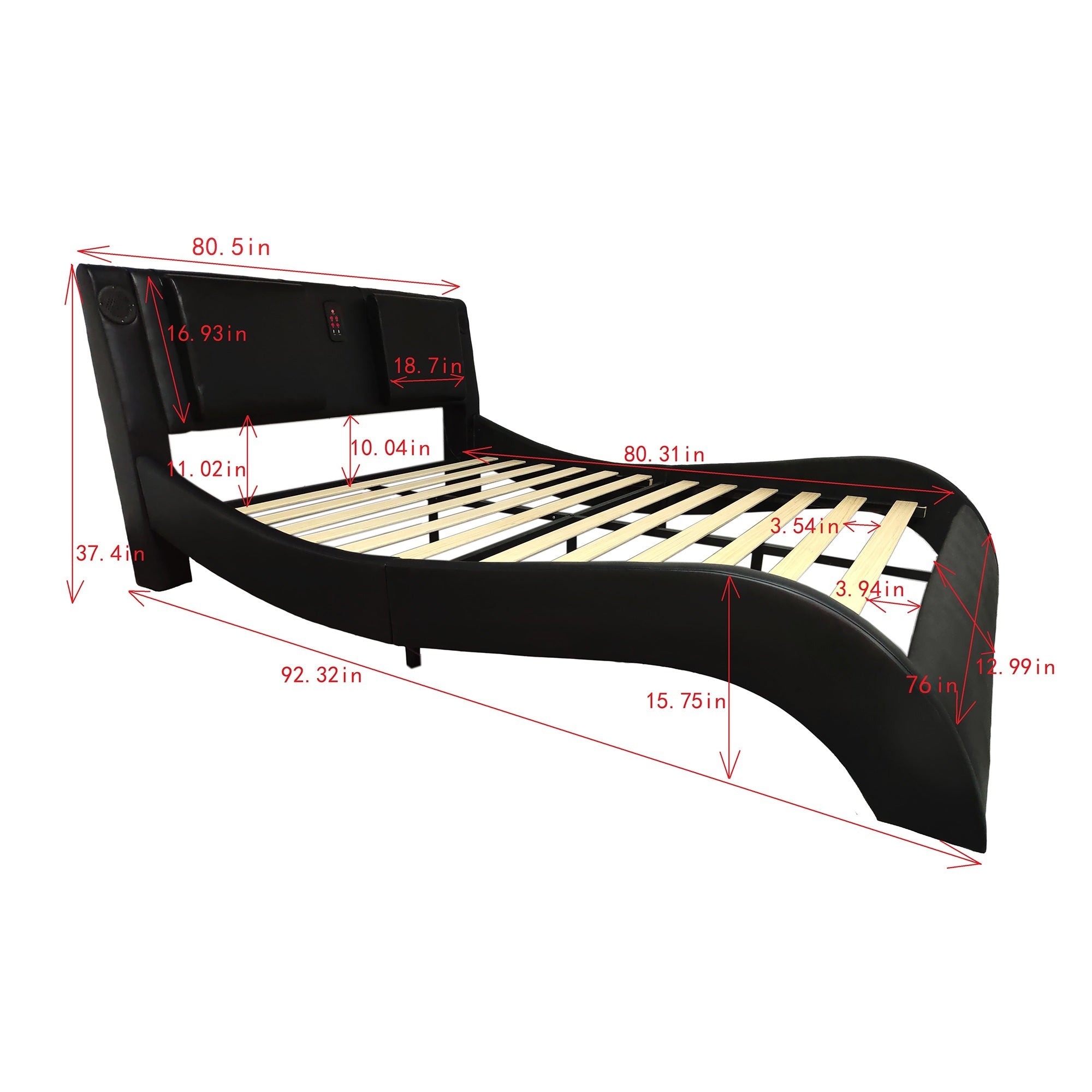 Faux Leather Upholstered Platform Bed Frame with led lighting, Bluetooth connection to play music control, Backrest vibration massage, Curve Design, Wood Slat Support, Exhibited Speakers,King Size