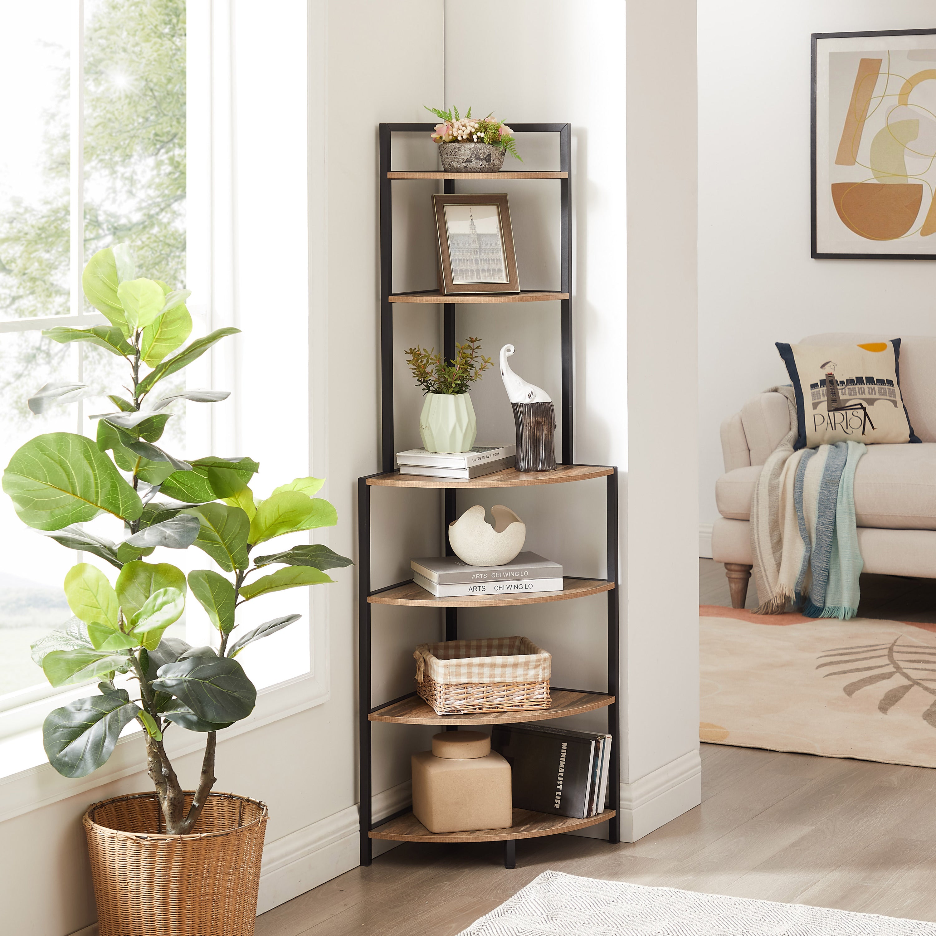 6-Tier Corner Shelf, Freestanding Bookcase for Small Spaces