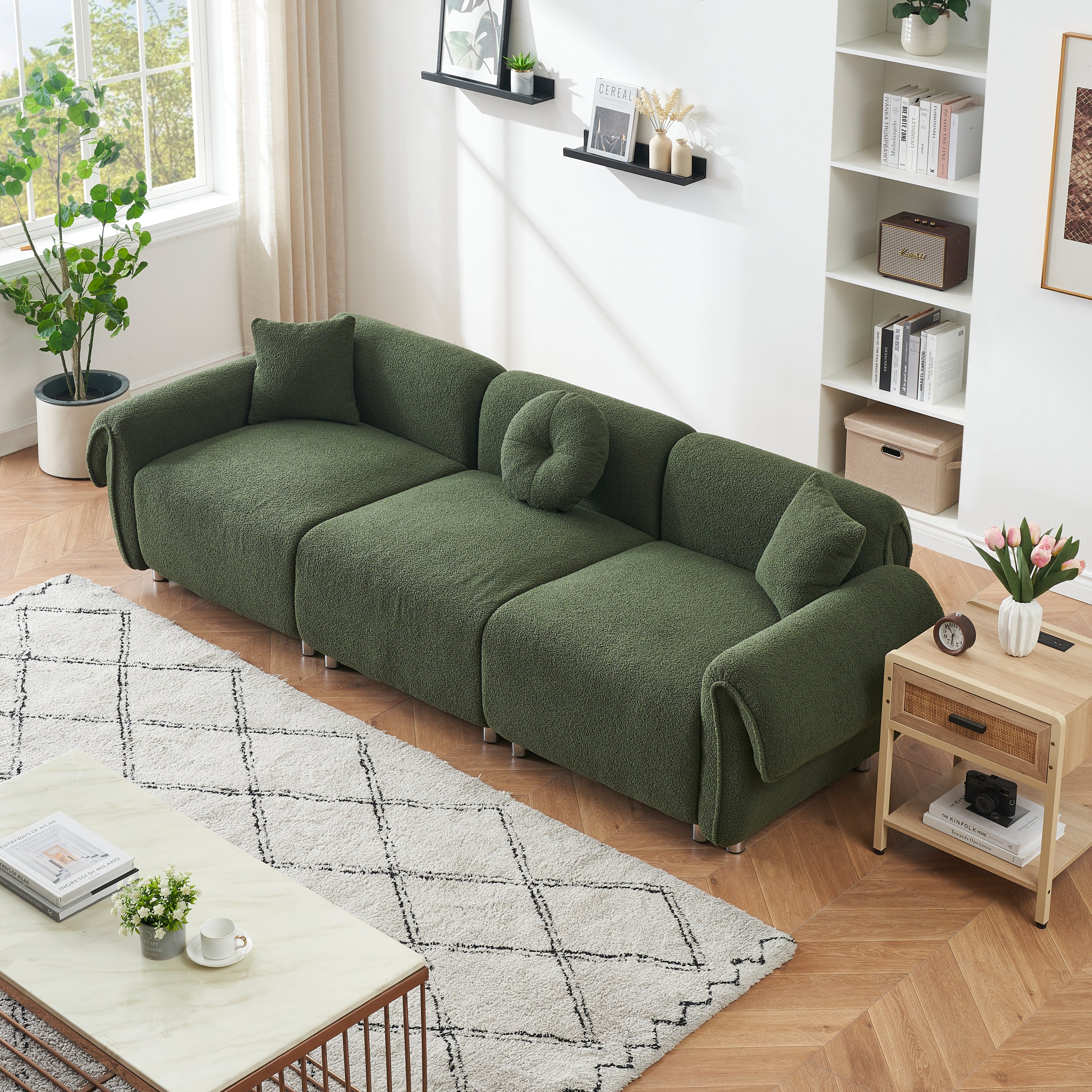 112 inches of green teddy velvet fabric, with 3 pillows, three-person sofa can be placed in the living room and other scenes Green teddy velvet fabric, with 3 pillows, three-person sofa can be placed