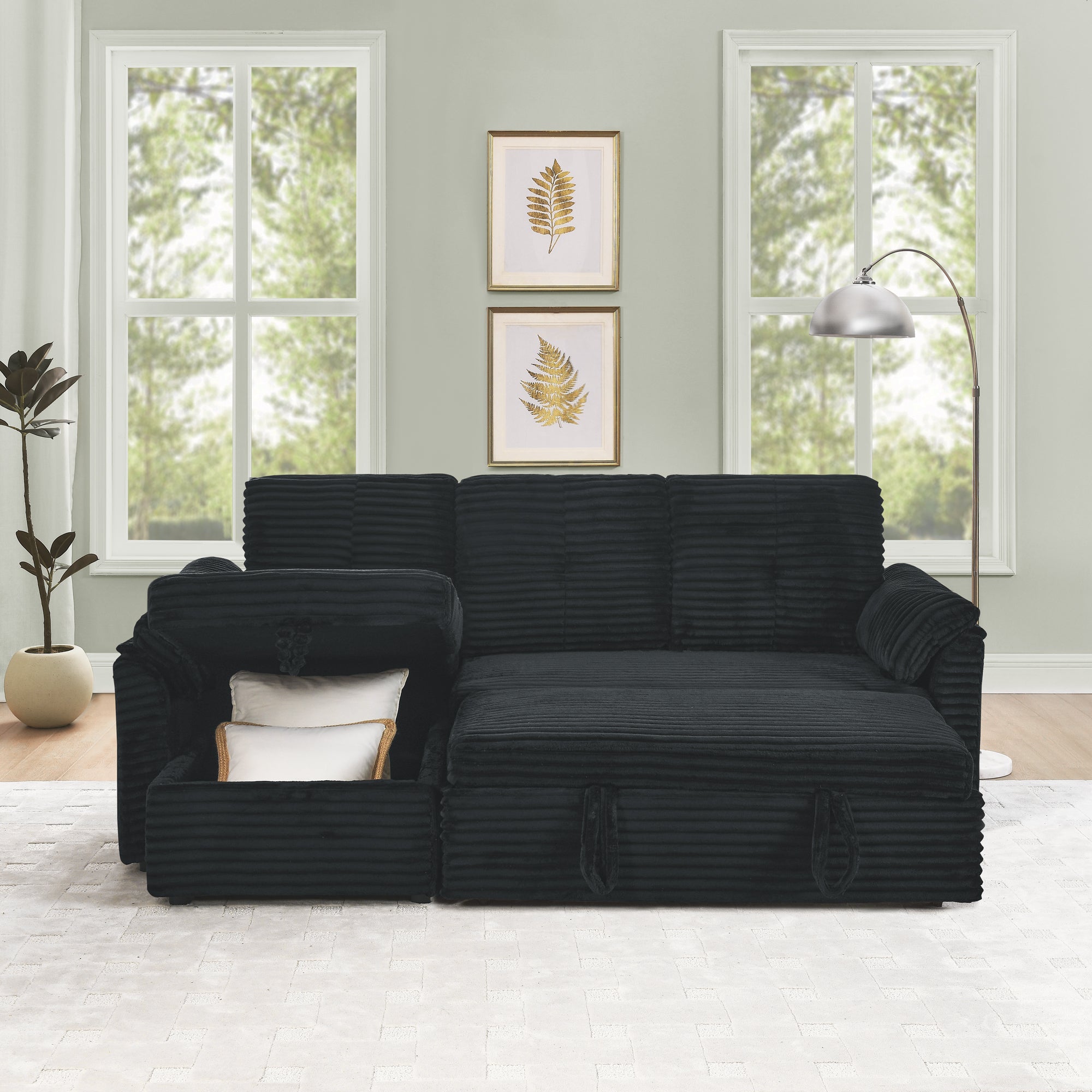 Corduroy Tufted Upholstered Sleeper Sectional Sofa, L-Shaped Modular Convertible Sofa with Reversible Storage Chaise, Pull Out Sleep Couch Bed and Reclining Backrest Perfect for Living Space, Black