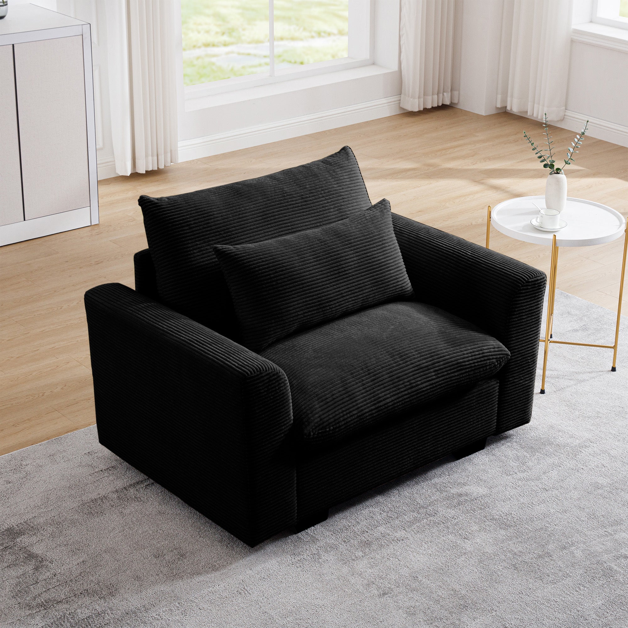 Black Corduroy Deep Seat Single Sofa Accent Chair,Deep Seat Couch with Waist Pillow for Living Room/Apartment/Office