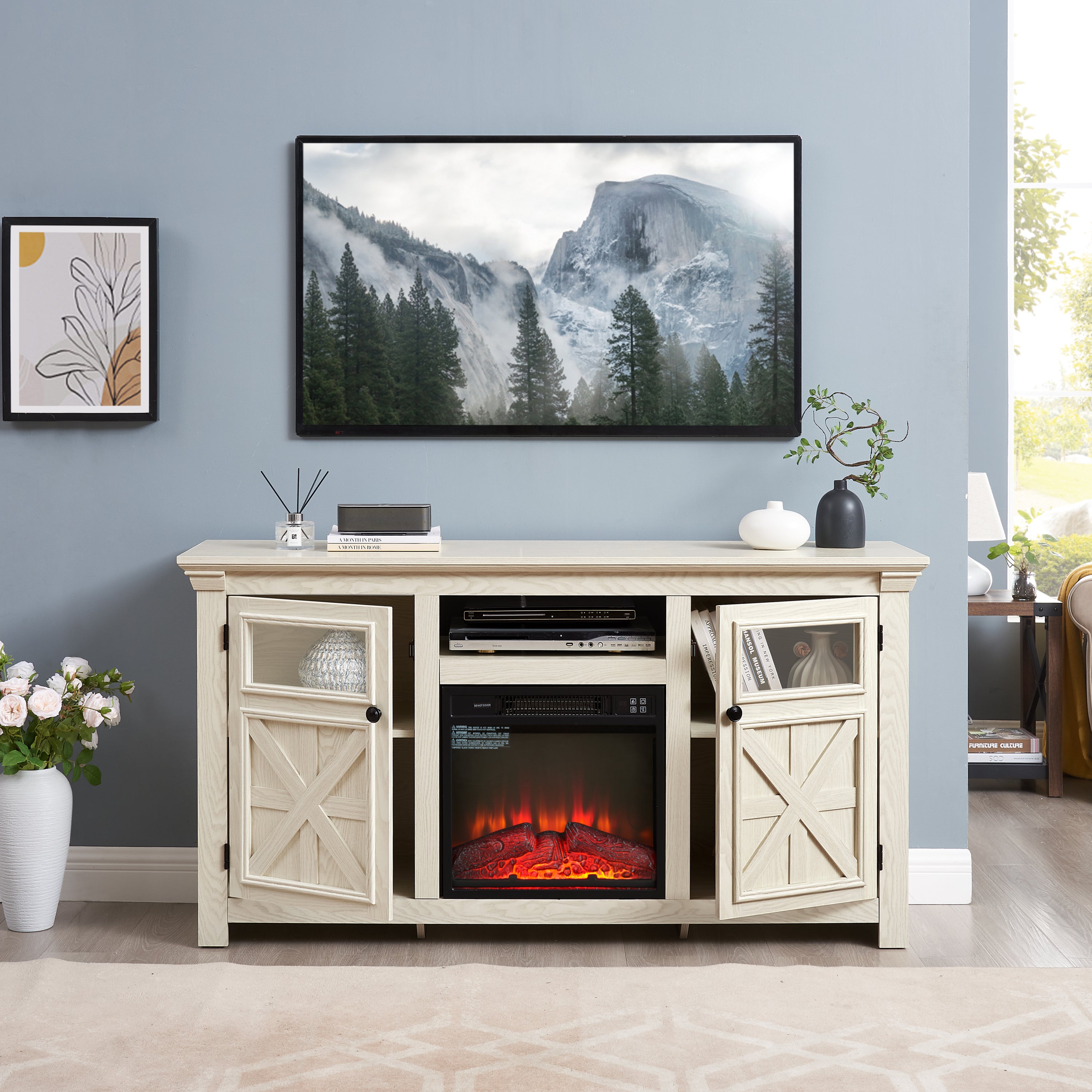 Farmhouse TV Stand with 2 Doors, Barn Design, Large Media Console with 18" Electric Fireplace Insert, WHITE