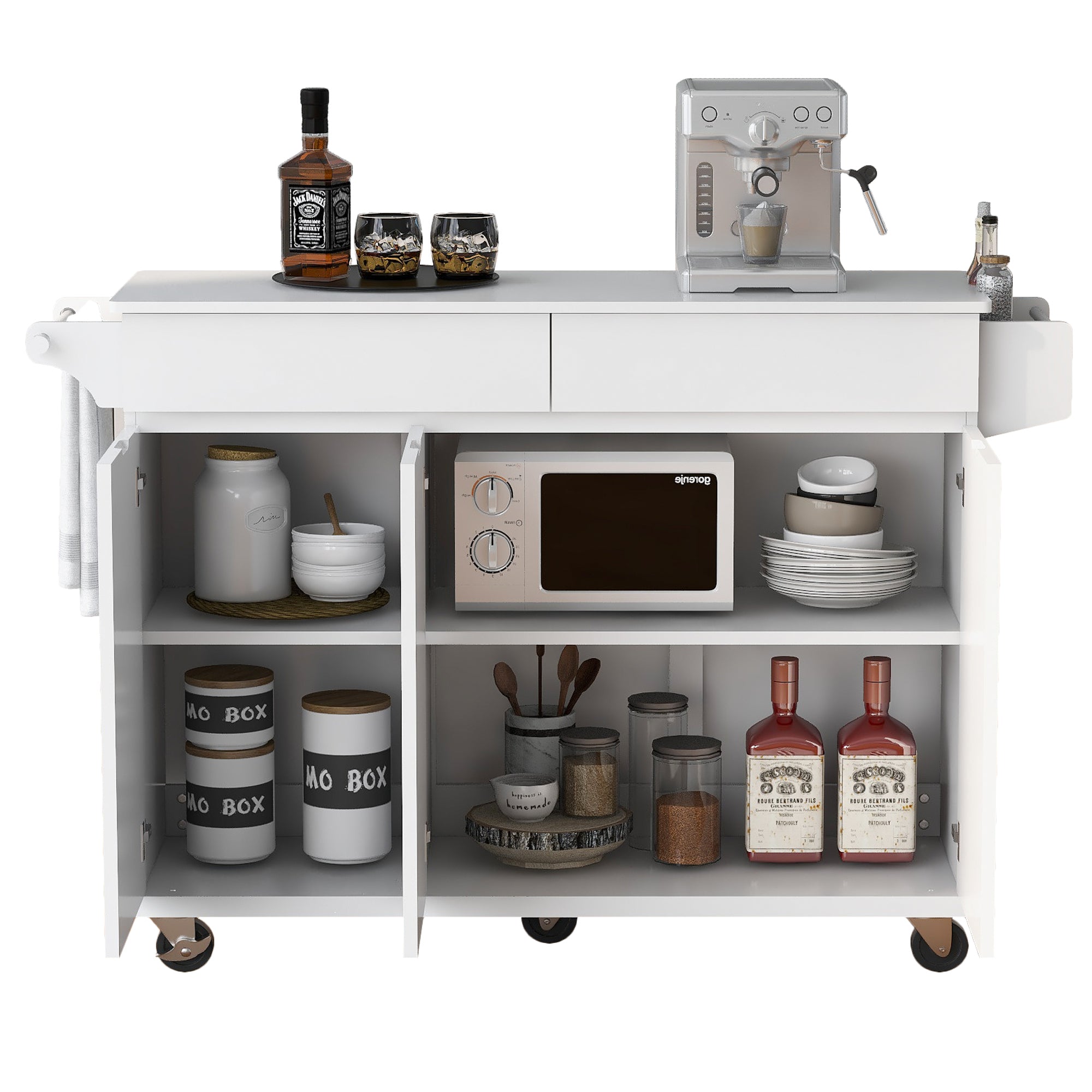 K&K 53.2''  Kitchen Island with Drop Leaf, Kitchen Storage Cart with Spice Rack, Towel Rack and 2 Drawers for Kitchen, Dining Room, White