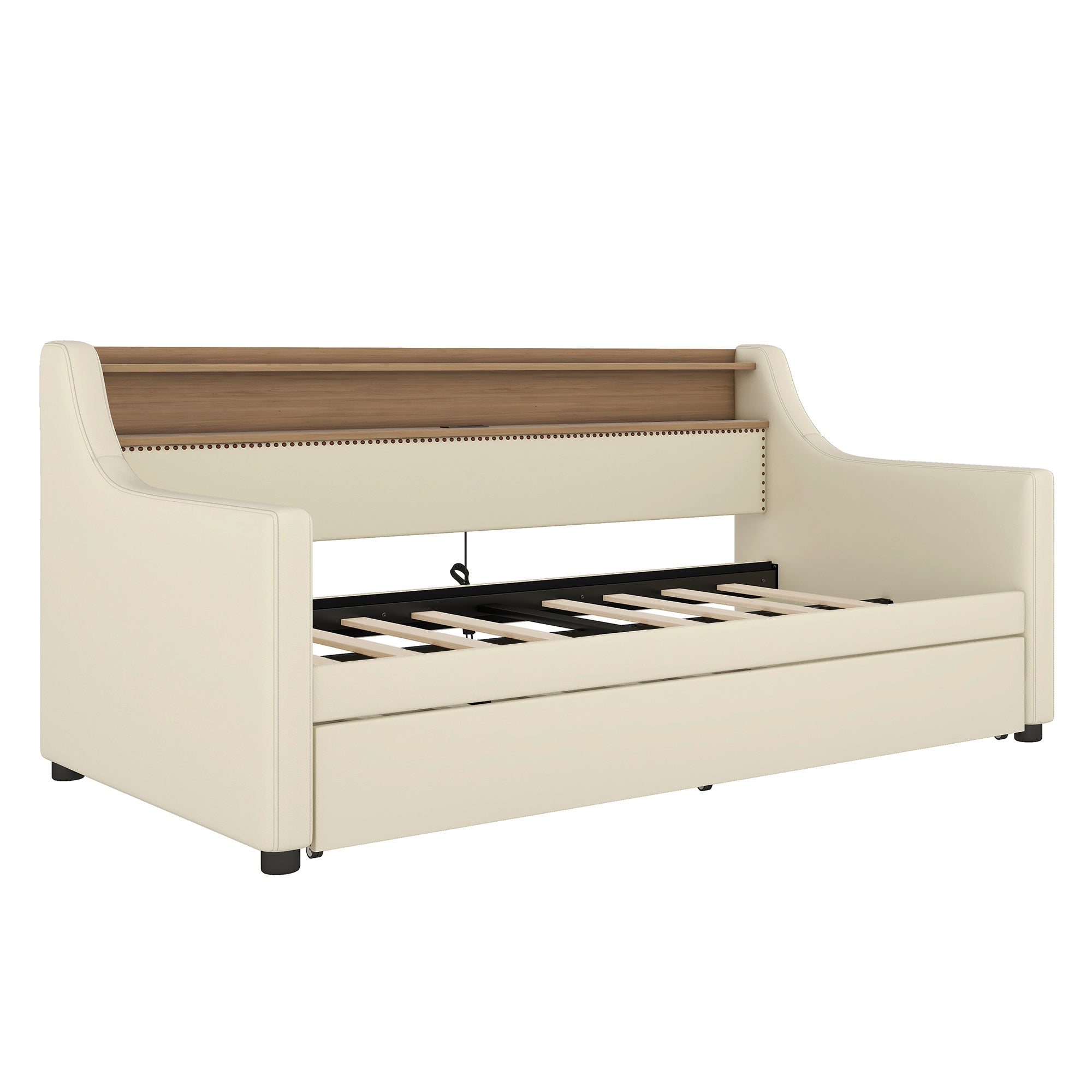 Twin Size Daybed with Trundle, Upholstered Sofa Bed with Charging Station and LED Lights, Beige