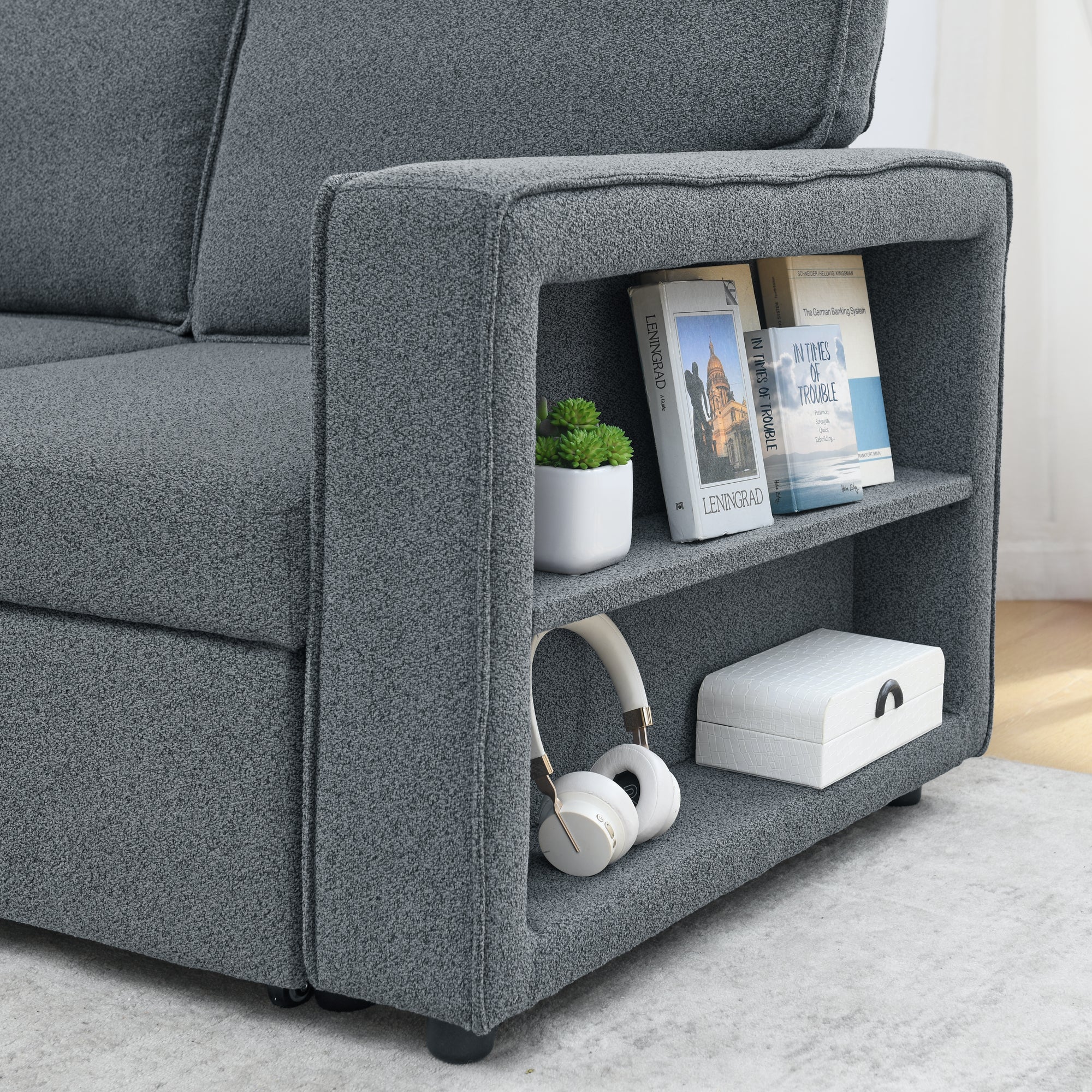 Linen Upholstered Sleeper Sectional Sofa, Shaped Modular Convertible Sofa with Storage Chaise,There are two cup holders in the middle and USB multi-interface function,Pull Out Sleep Couch Bed ,Grey