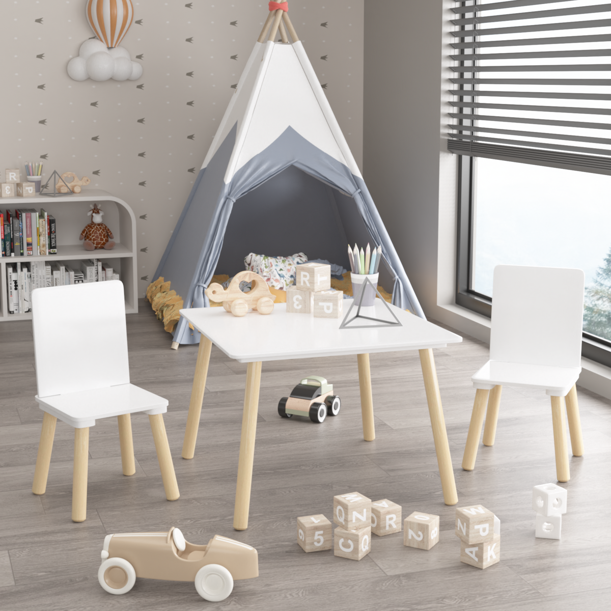 Kids Table and 2 Chairs Set, 3 Pieces Toddler Table and Chair Set, Wooden Activity Play Table Set (White)