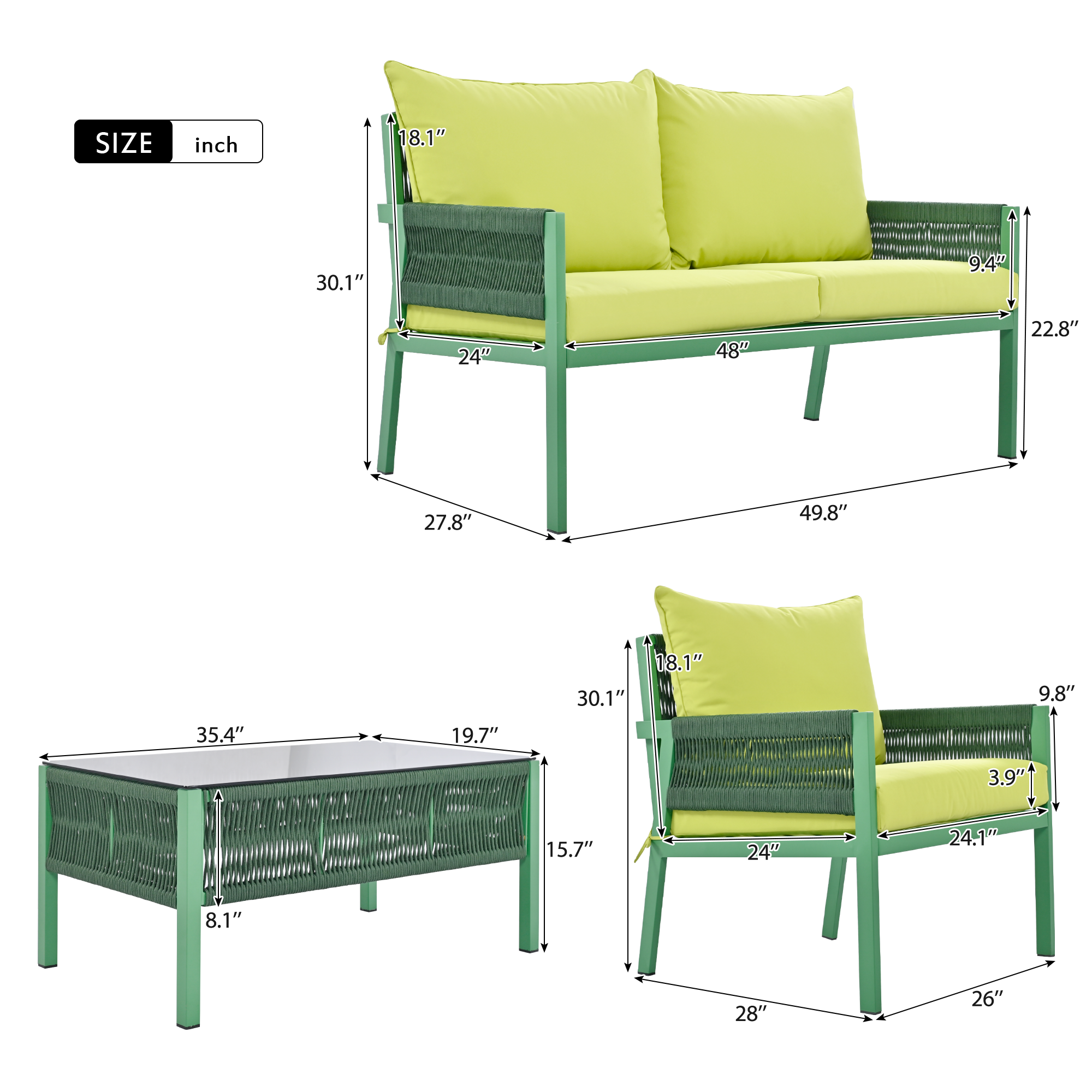 K&K 4-Piece Patio Furniture Set with Tempered Glass Table for Outdoor in Fluorescent Yellow & Green