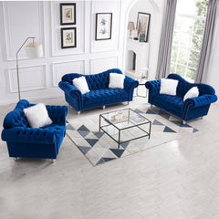 3 Piece Living Room Sofa Set, including 3-Seater Sofa, Loveseat and Sofa Chair, with Button and Copper Nail on Arms and Back, Five White Villose Pillow, Blue.