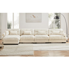 L-Shaped Convertible 4-Seater Cloud Sofa, Modern Velvet with Pillows and Bolstered Armrests,Cream