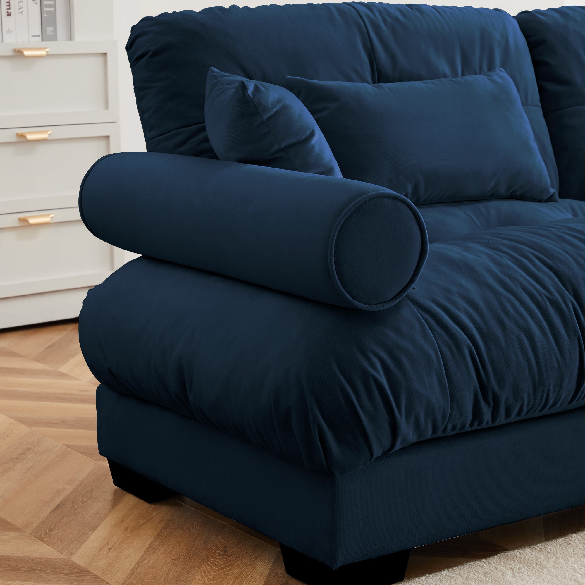 Oversized 4-Seater Velvet Sectional Sofa with Ottoman, Deep Seat Cloud Couch for Living Room, Blue