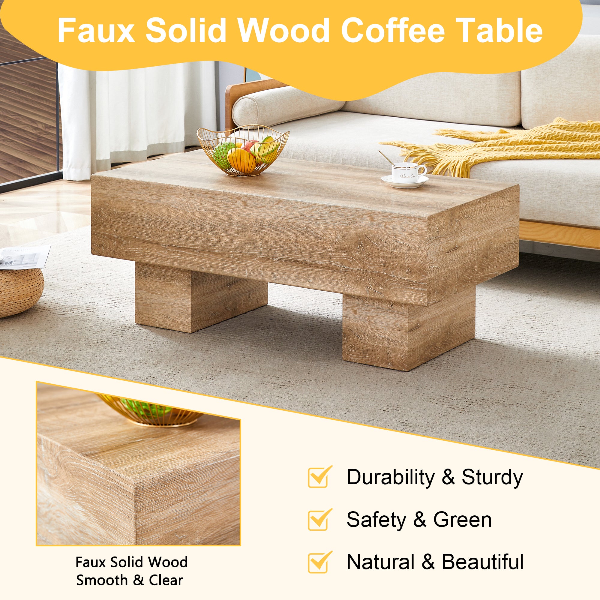 43.3" Rectangular Natural MDF Coffee Table - Practical for Living Rooms