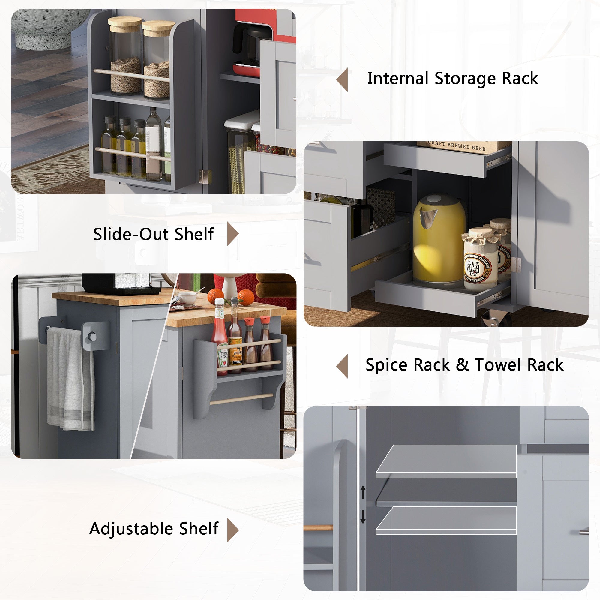 K&K Rolling Kitchen Island with 3 Drawer, 2 Slide-Out Shelf and Internal Storage Rack, Grey Blue