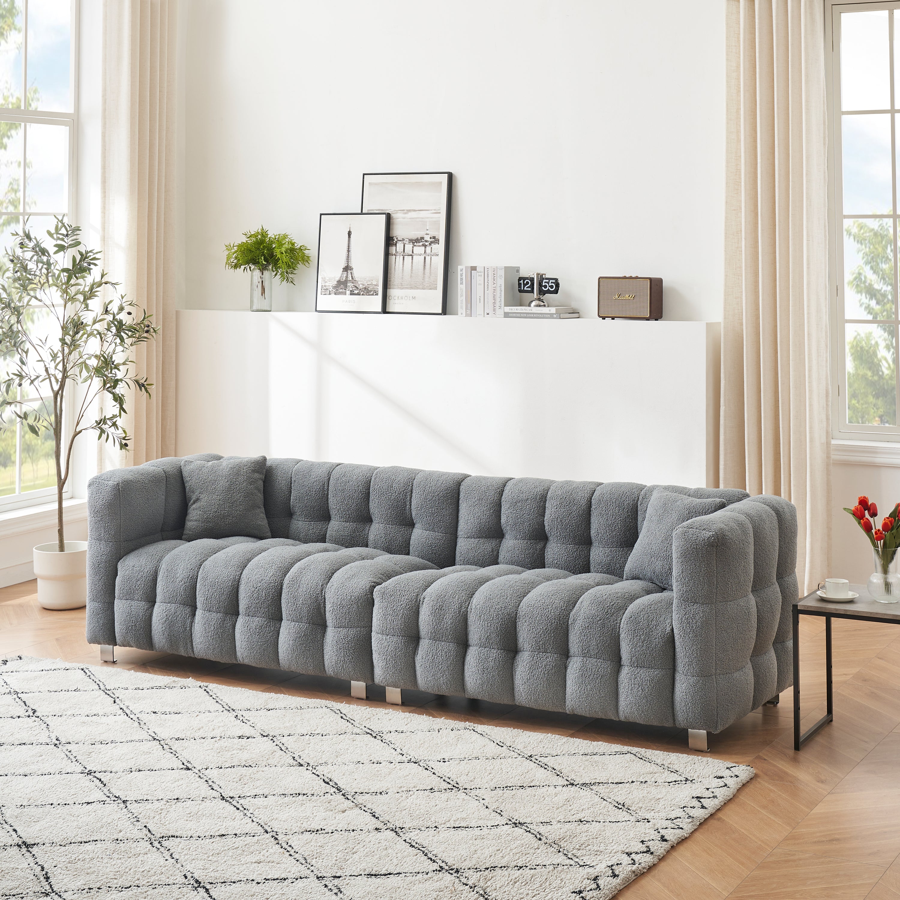 Modern 102" Gray Teddy Fleece Modular Pit Sofa with 2 Pillows for Living Room