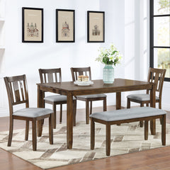 6 Piece Kitchen Dining Set, Rectangular Wooden Dining Table with 4 Upholstered Chairs and a Bench, Dining Table Set for 6 People, Living Room, Home Bar and Kitchen, Walnut