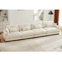 Oversized 4-Seater Velvet Sectional Sofa with Ottoman, Deep Seat Cloud Couch for Living Room, Cream