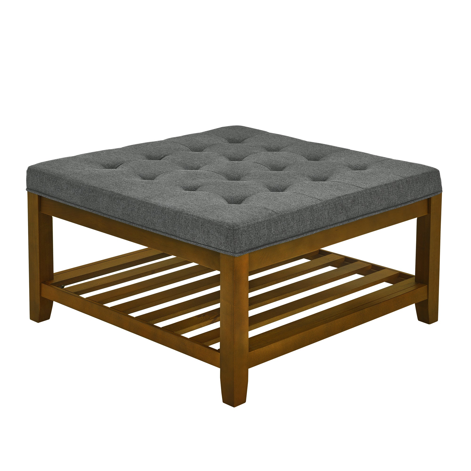 Tufted Upholstered Square Coffee Table Ottoman with Beech Wood Shelf, Oversized Footrest for Living Room, Dark Gray