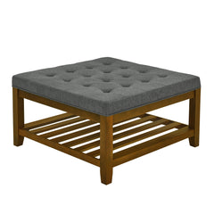 Tufted Upholstered Square Coffee Table Ottoman with Beech Wood Shelf, Oversized Footrest for Living Room, Dark Gray