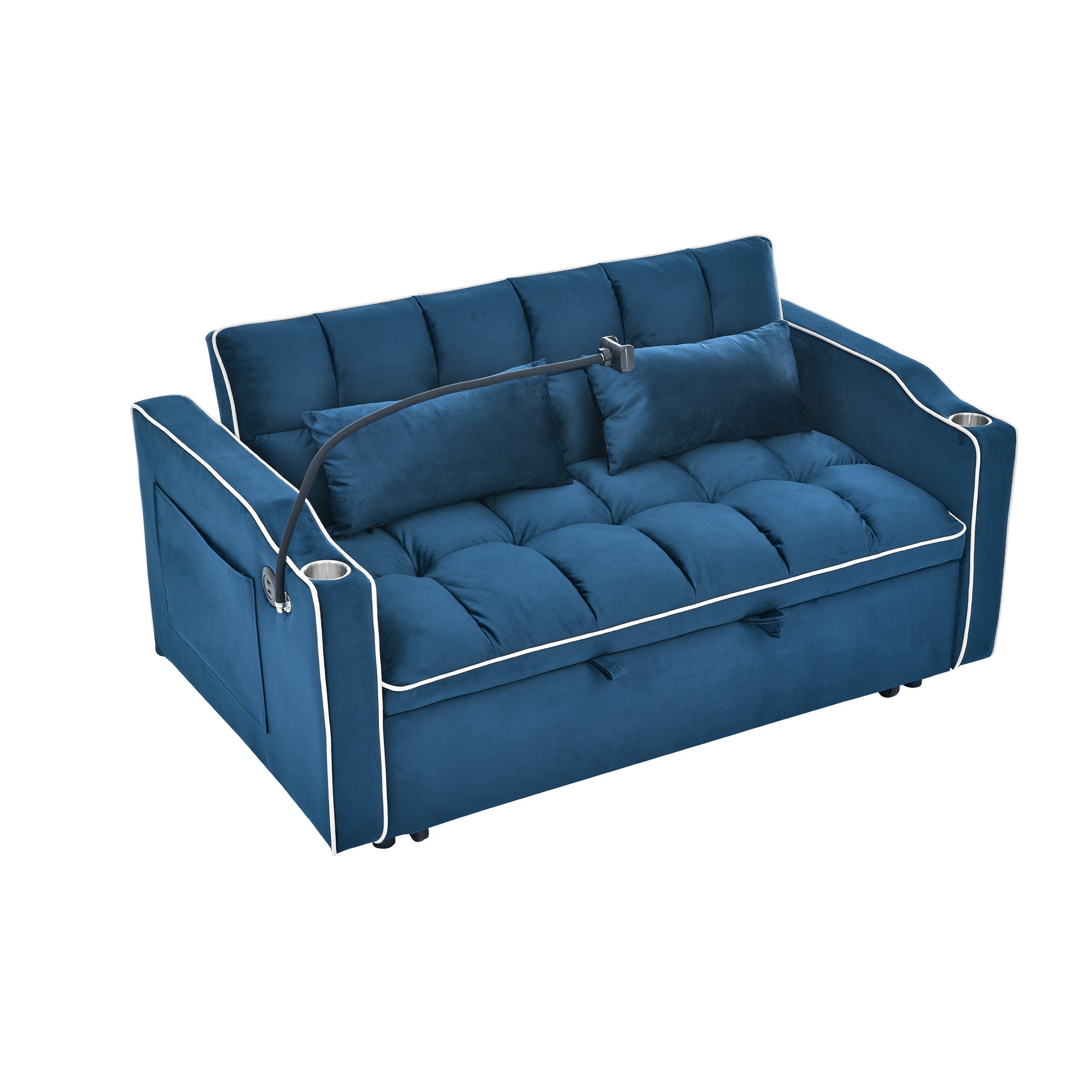 55.51" Foldable Velvet Sofa Bed with Adjustable Back, Pull-Out Design with USB Port, Ashtray, and Swivel Phone Stand, Blue