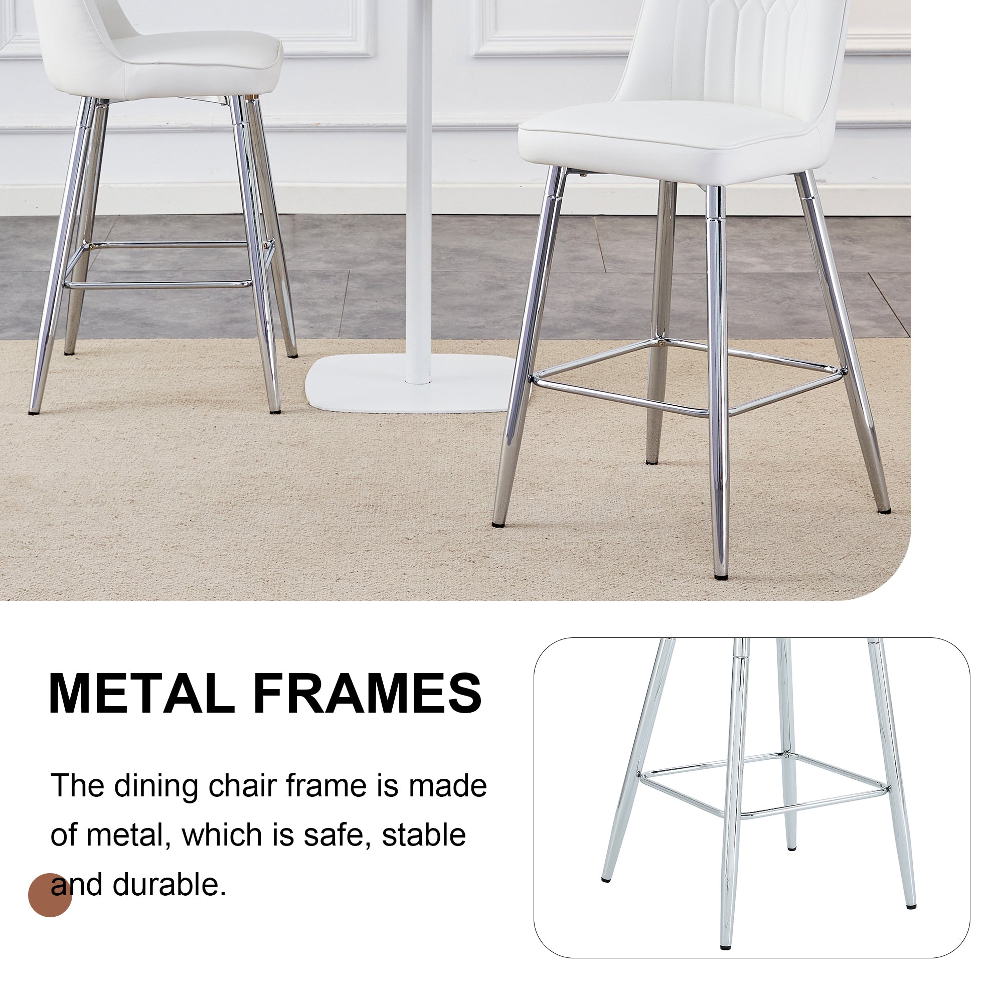 Modern White PU Bar Stool Set of 2 - Sleek Silver Metal Legs with Cross Reinforcement