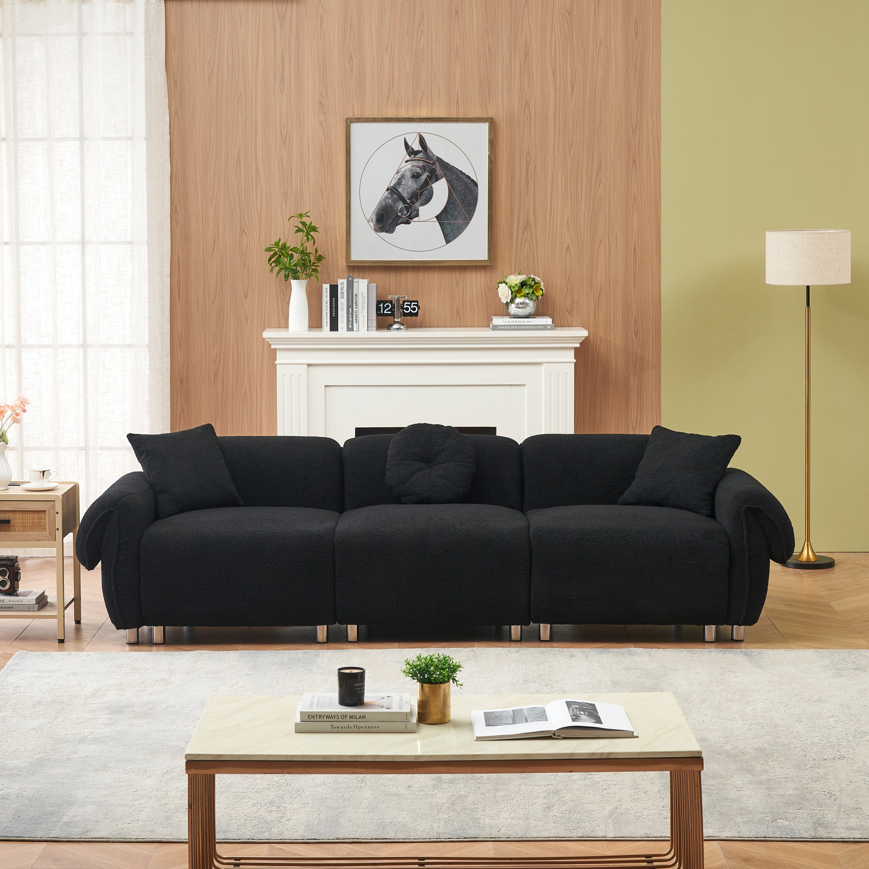 112 inch black teddy velvet fabric, with 3 pillows, three sofa can be placed in the living room and other scenes black teddy velvet fabric, with 3 pillows, three sofa can be placed in the living room