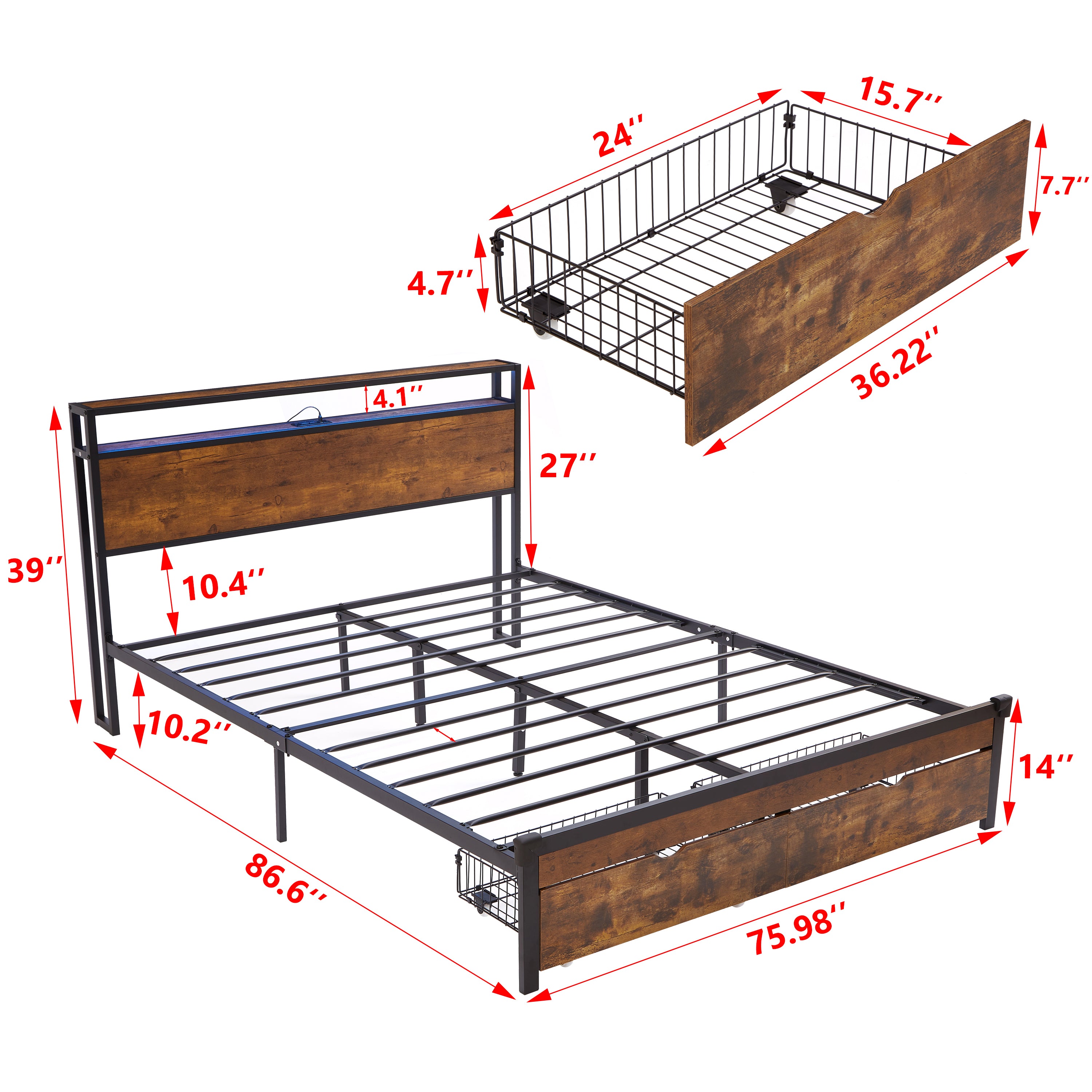 King Size Metal Platform Bed Frame with Wooden Headboard and Footboard with USB,Charging Station,2 Drawers,LED Lights, No Box Spring Needed, Easy Assemble