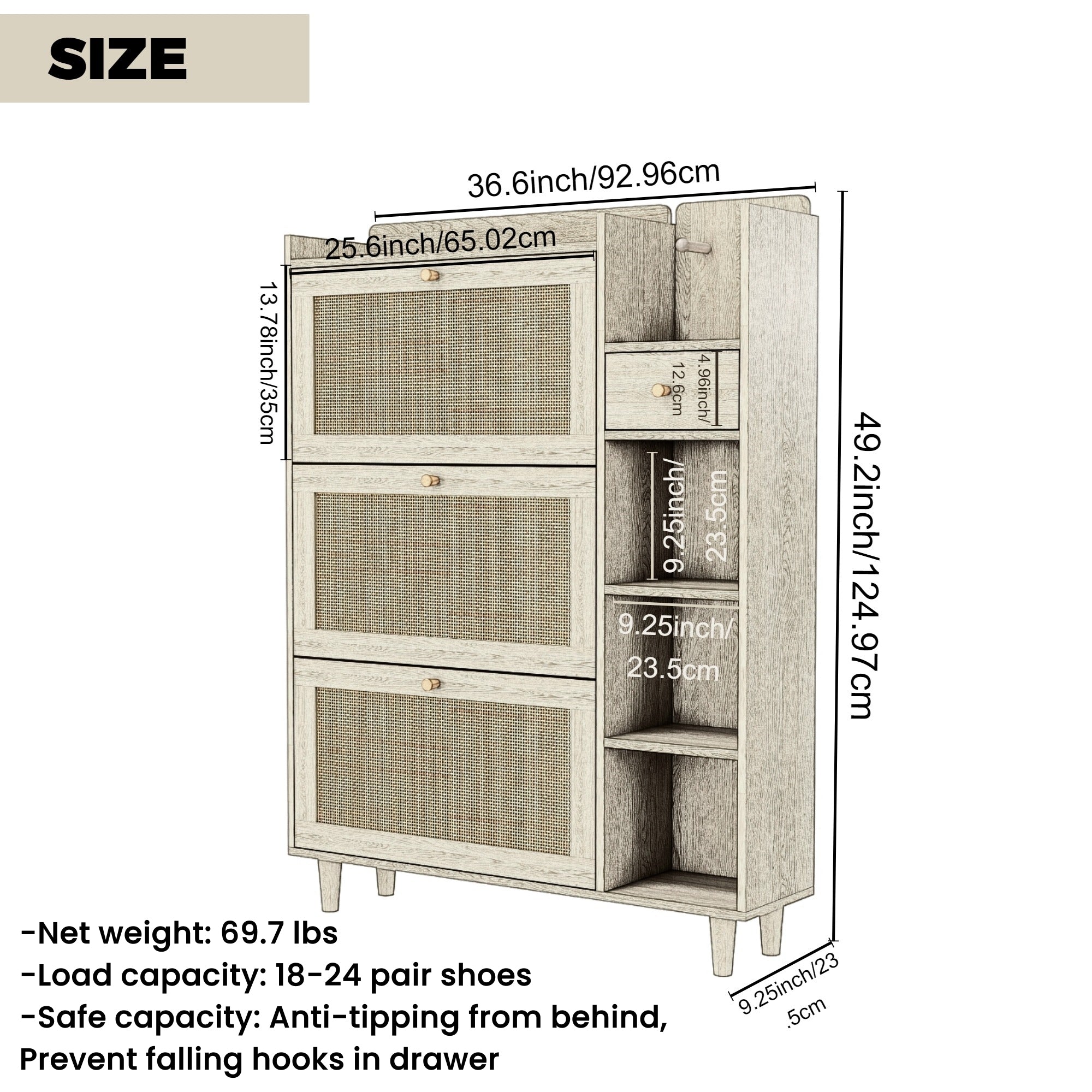 Boho Shoe Cabinet with 3 Rattan Flip Drawers & Storage, Natural