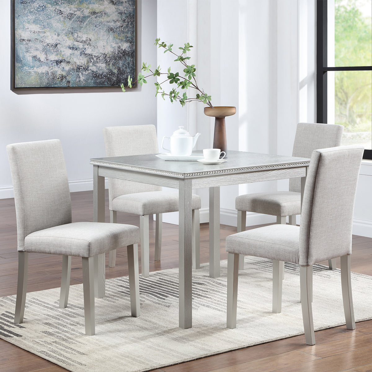 5 Piece Wooden Dining Table Set, Kitchen Table Set with a Square Table and 4 Upholstered Chairs, Wooden Dining Room Table with Crystal Decoration and Chairs Set for Kitchen, Dining Room, Silver grey