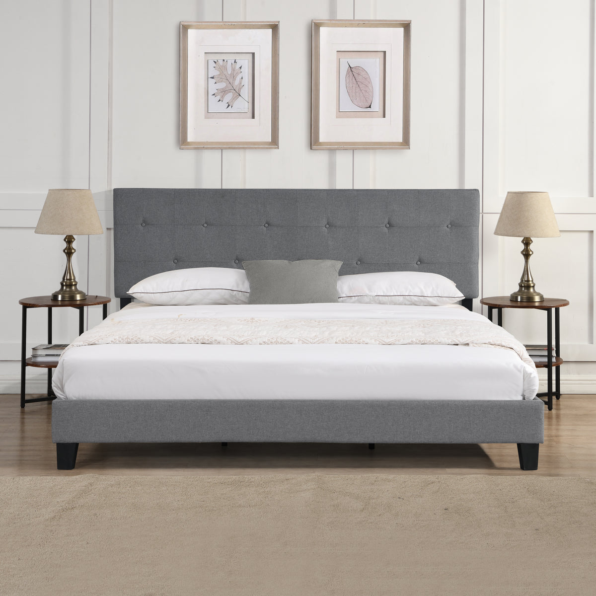 King Size Upholstered Platform Bed Frame with Button Tufted Linen Fabric Headboard, No Box Spring Needed, Wood Slat Support, Easy Assembly,  Gray